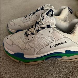 Balenciaga White, Blue & Green Triple S Sneakers